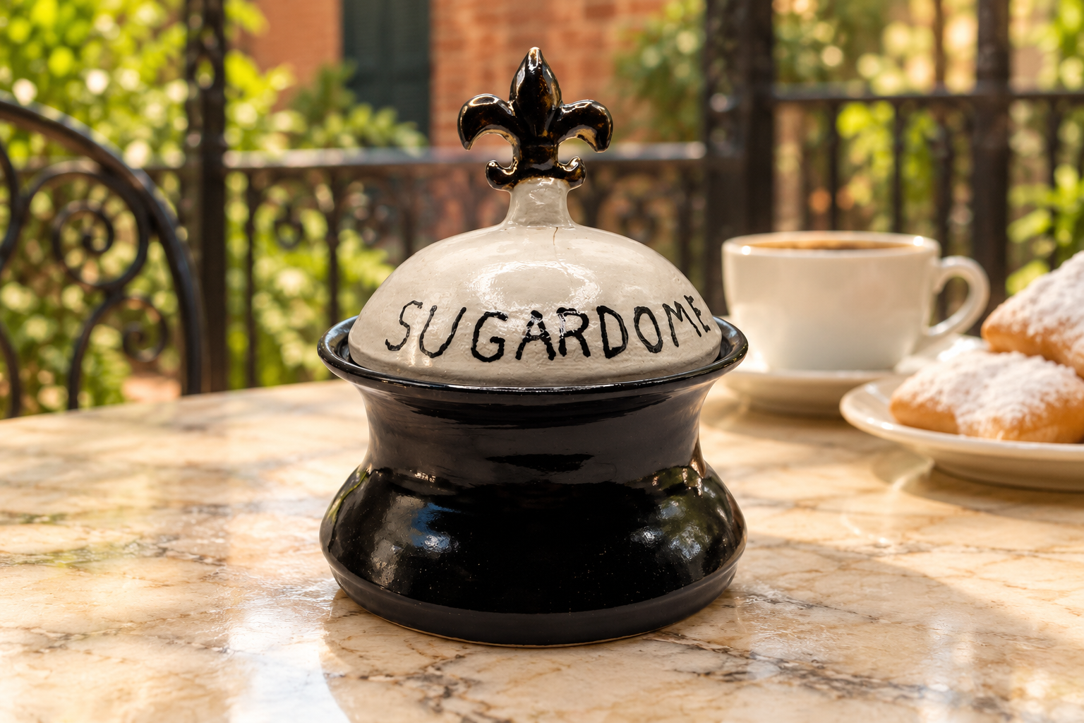 Handcrafted black and white Sugardome sugar bowl in a New Orleans courtyard breakfast setting